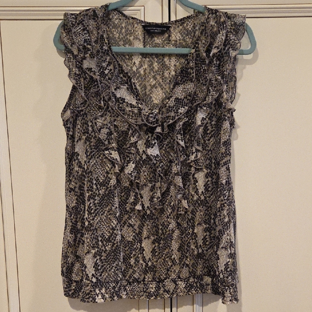 Women's Sleeveless Ruffle Top - Black and White Animal Print
